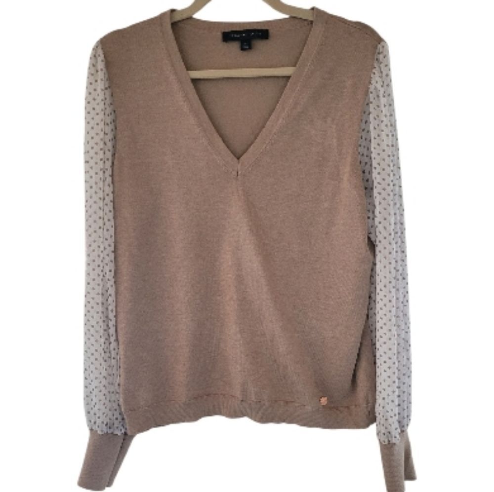 Women's Tommy Hilfiger Tan V-Neck Sweater with Polka Dot Sleeves